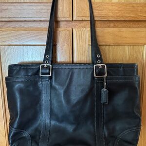 Coach Hampton Black Leather Tote with Silver Accents